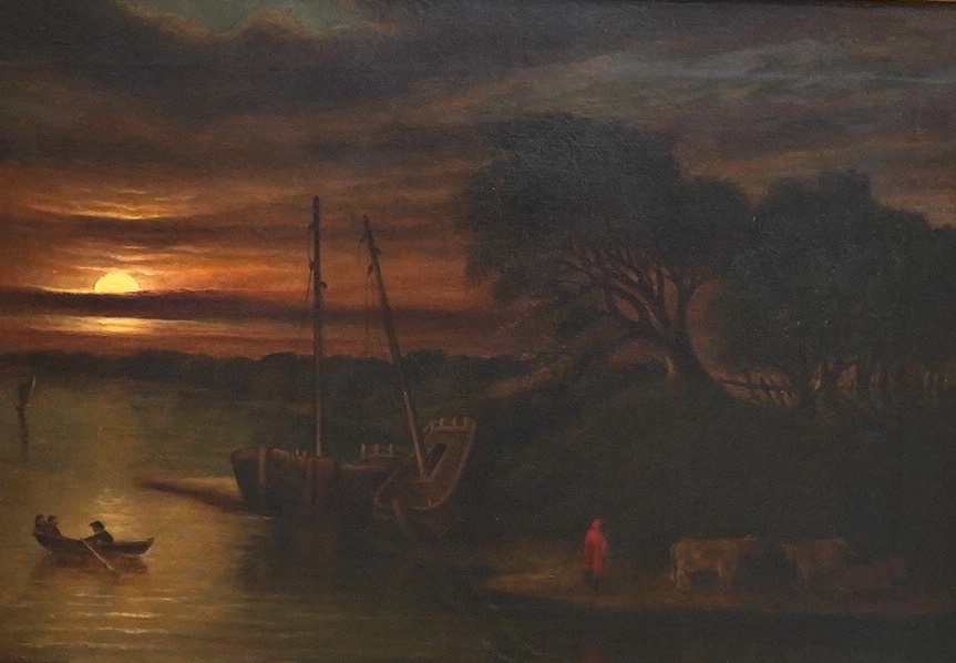 19th century, English School, oil on canvas, Moonlit riverscape with boats and figures, unsigned, 32 x 47cm, gilt framed. Condition - fair to good